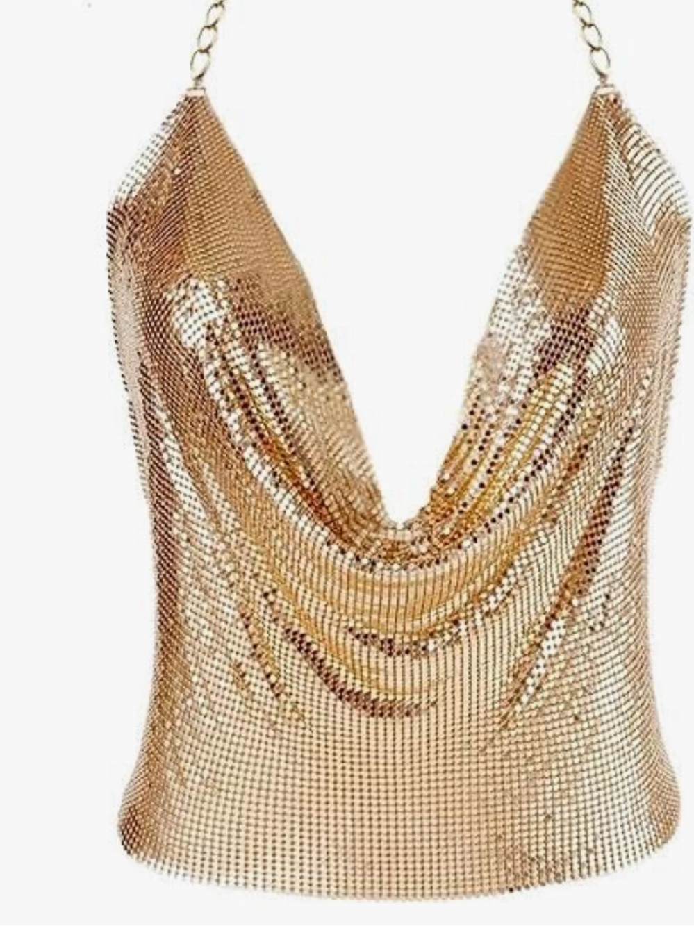Gold Chainmail Halter Cowl Neck Top Backless Going Out Never Worn Small-Medium